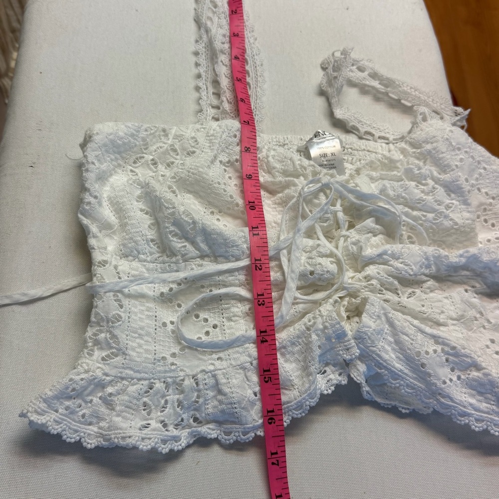 Blenca White Eyelet Sweatheart Neckline Smocked Corset Tie Front Bohemian Top XL - Picture 8 of 8